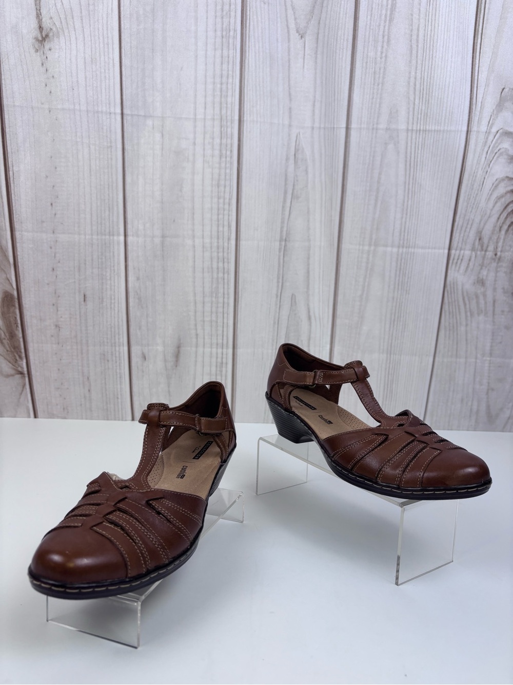 Clarks Wendy Alto Leather Shoes T-Strap Low Wedge Casual Dress Shoe Brown Sz 10 - Picture 3 of 14